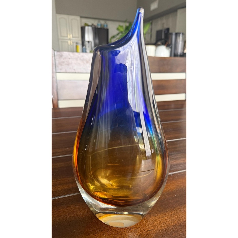 VTG Handblown Brazilian Art Glass Vase Blue & Amber Novica Brazil Collection